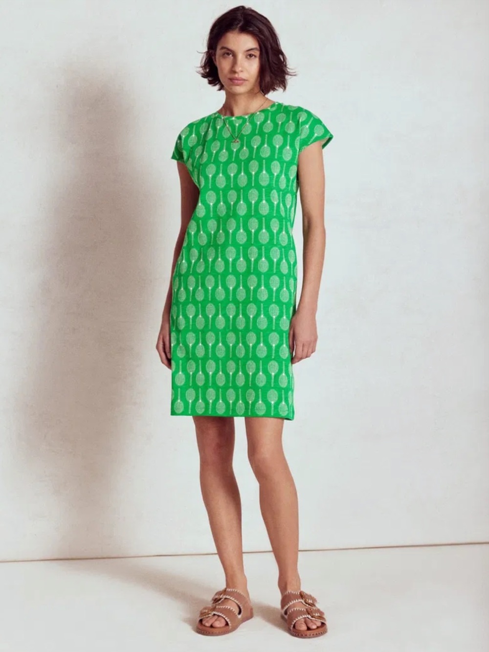 Boden Leah Tennis T-Shirt Dress in Bright Green Racquet Print